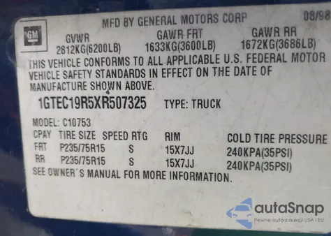 1999 GMC Sierra C1500 z USA, uszkodzony, nr VIN 1GTEC19R5XR507325